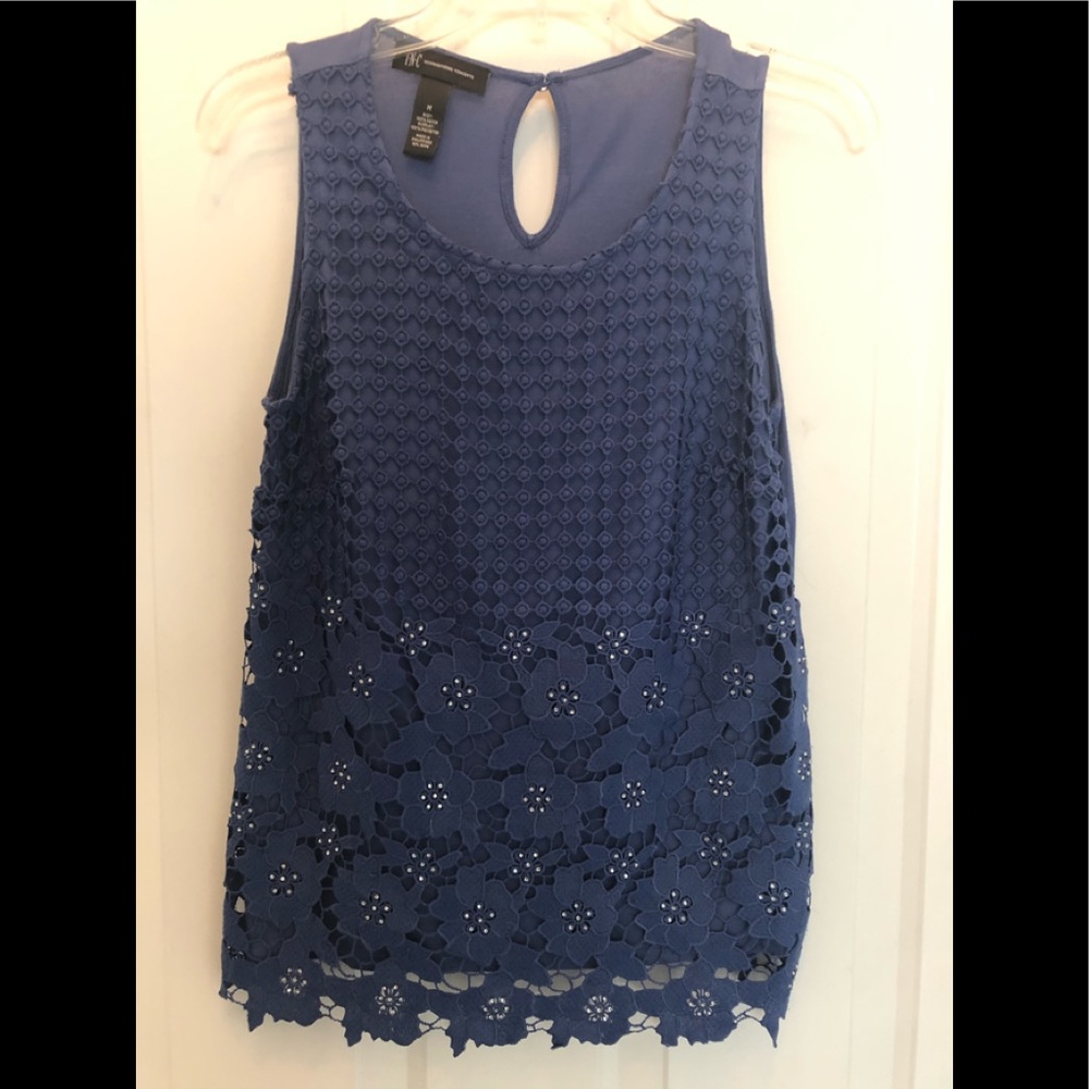 INC Periwinkle Blue crocheted top.